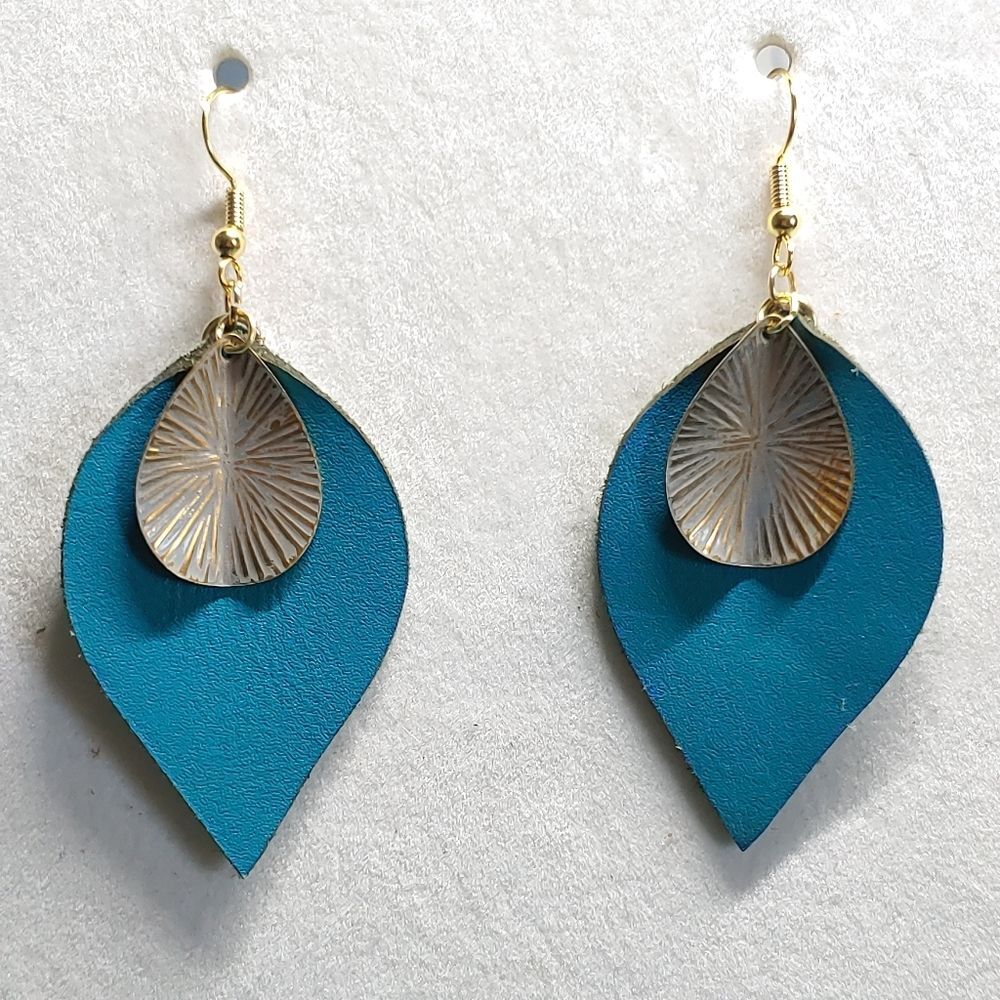 Earrings Teal and Gold - Picture 2 of 2